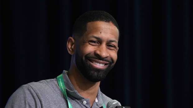 Feb 28, 2023; Indianapolis, IN, USA; Cleveland Browns general manager Andrew Berry during the NFL combine at the Indiana Convention Center. Mandatory Credit: Kirby Lee-USA TODAY Sports